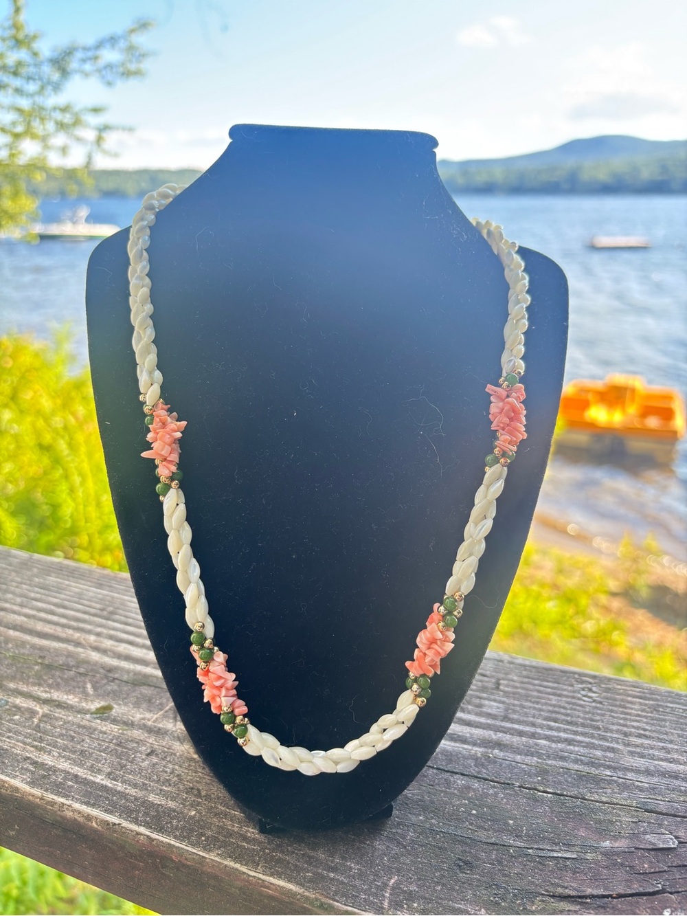 Handcrafted vintage Mother of pearl and Coral Bead Necklace 18”-Stunning!